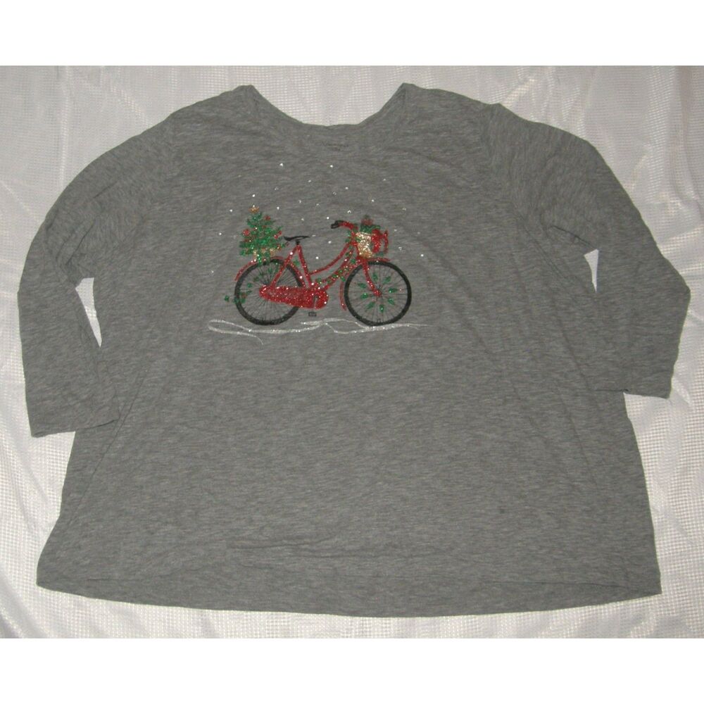 Gray Plus Sz 4X (30/32) Sparkly Bicycle Stretchy Holiday Tee Shirt CATHERINES
